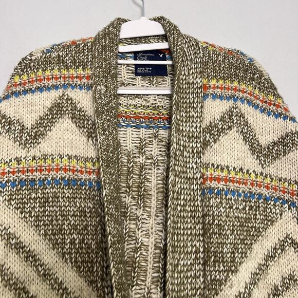 AMERICAN EAGLE Women’s Aztec Brown Multi Short Sleeve Cardigan Sz S Boho Chunky - Picture 5 of 11